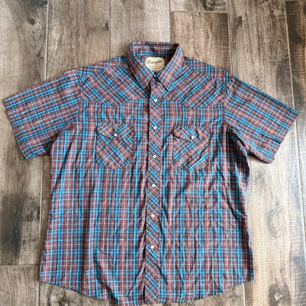 Wrangler Mens Vintage Western Plaid Pearl Snap Short Sleeve Shirt, Teal Brown,3X